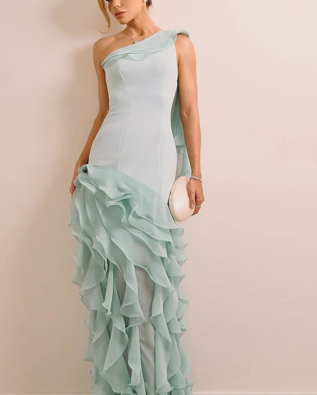 Fitted Sheath One Shoulder Sleeveless Open Back Ruffle Train Evening Dress