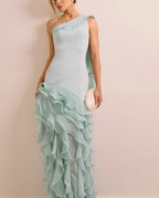 Fitted Sheath One Shoulder Sleeveless Open Back Ruffle Train Evening Dress
