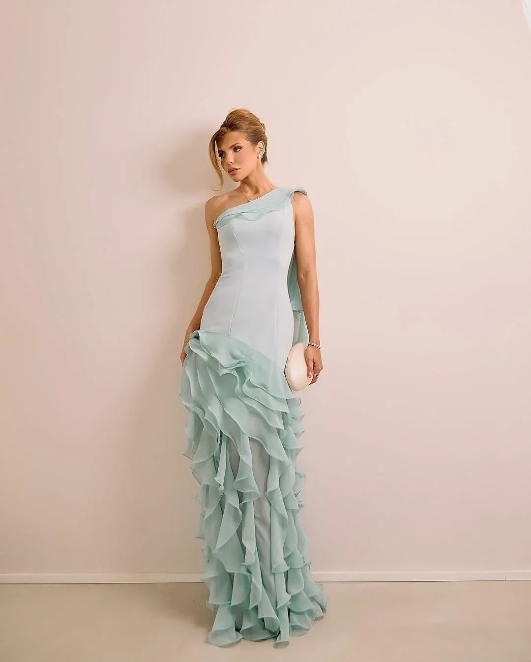 Fitted Sheath One Shoulder Sleeveless Open Back Ruffle Train Evening Dress