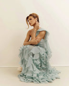 Fitted Sheath One Shoulder Sleeveless Open Back Ruffle Train Evening Dress