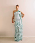 Fitted Sheath One Shoulder Sleeveless Open Back Ruffle Train Evening Dress
