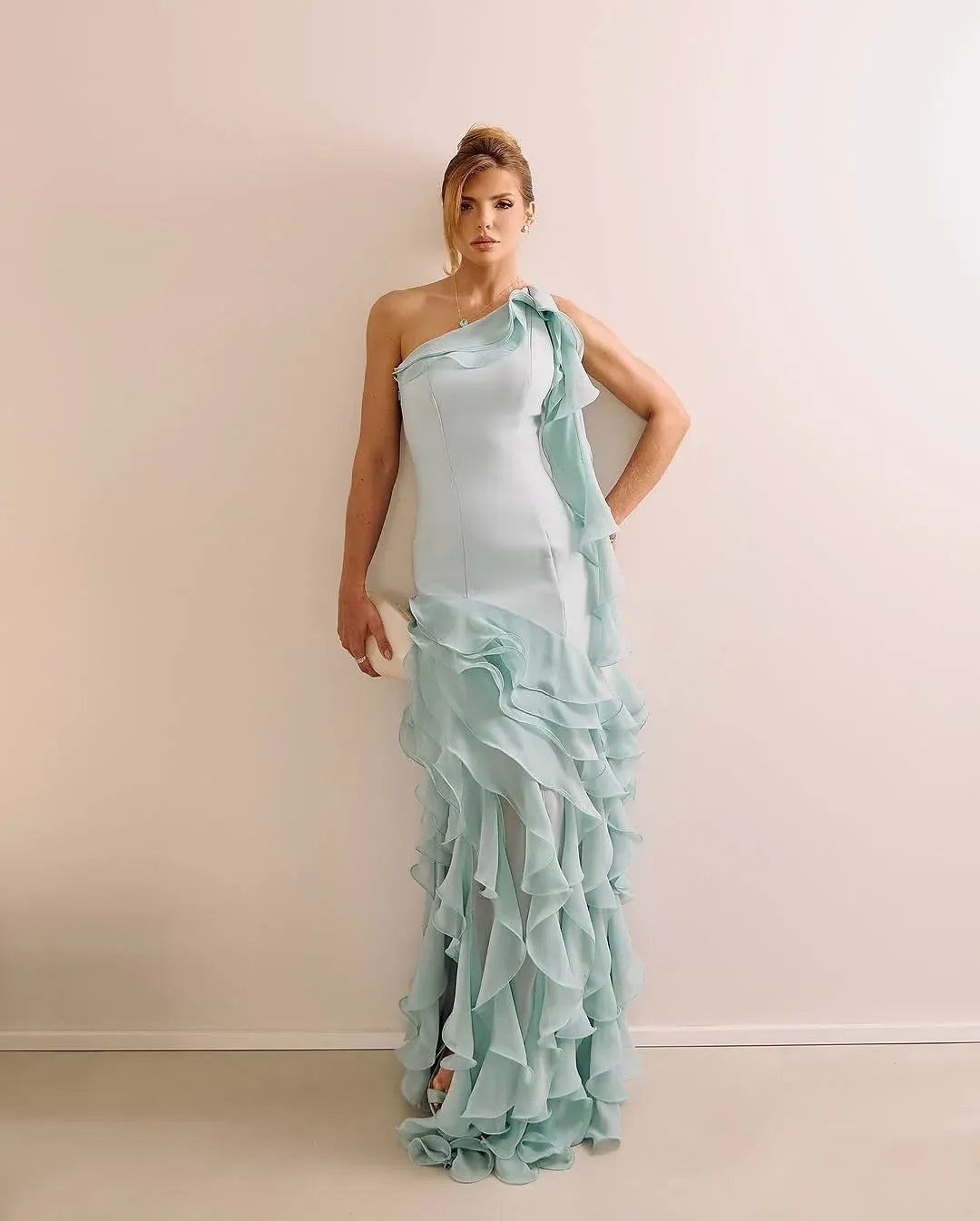 Fitted Sheath One Shoulder Sleeveless Open Back Ruffle Train Evening Dress