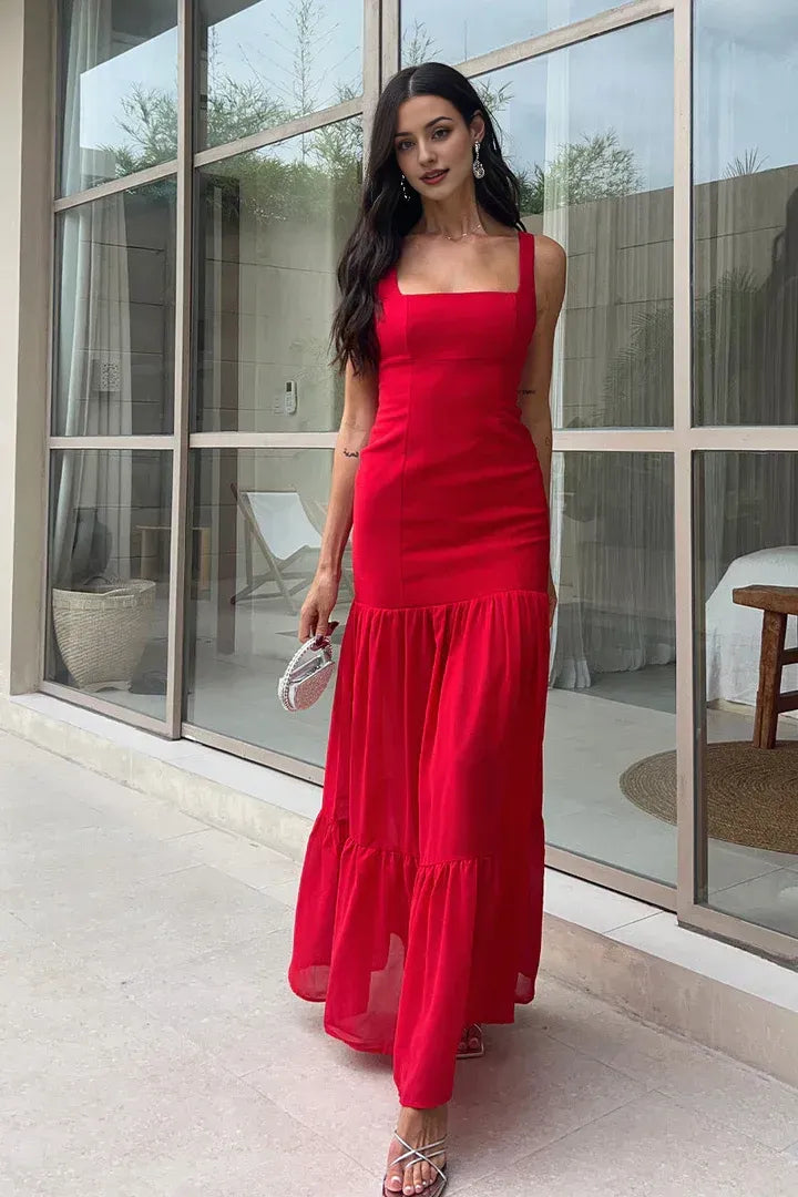 Fitted Square Neck Sleeveless Backless Floor-Length Prom Dress