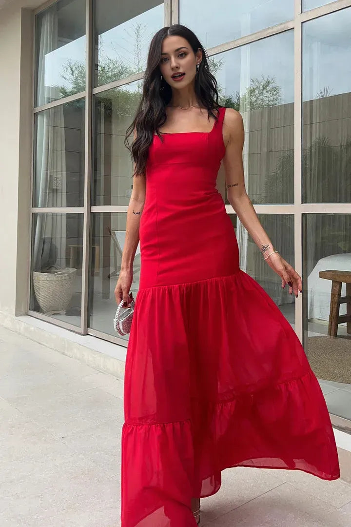 Fitted Square Neck Sleeveless Backless Floor-Length Prom Dress