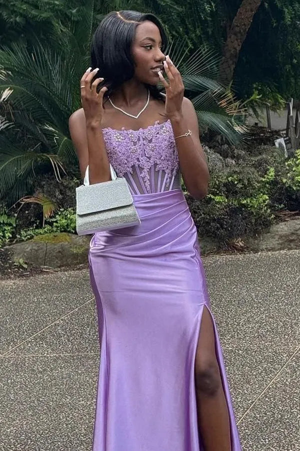 Fitted Strapless Appliques Slit Prom Gown