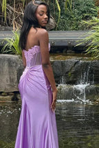 Fitted Strapless Appliques Slit Prom Gown