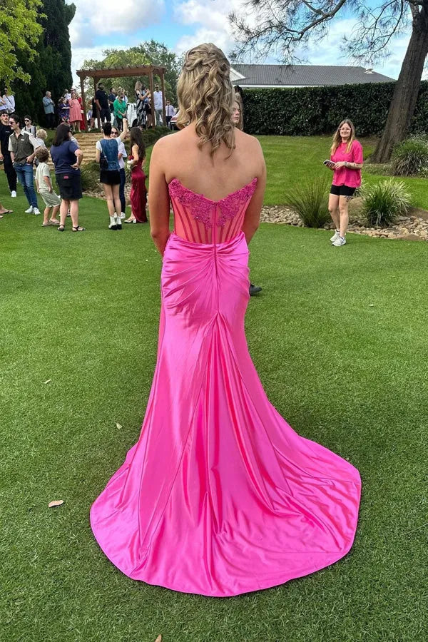 Fitted Strapless Appliques Slit Prom Gown
