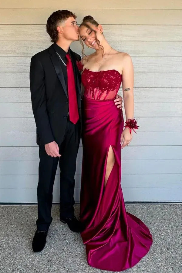 Fitted Strapless Appliques Slit Prom Gown