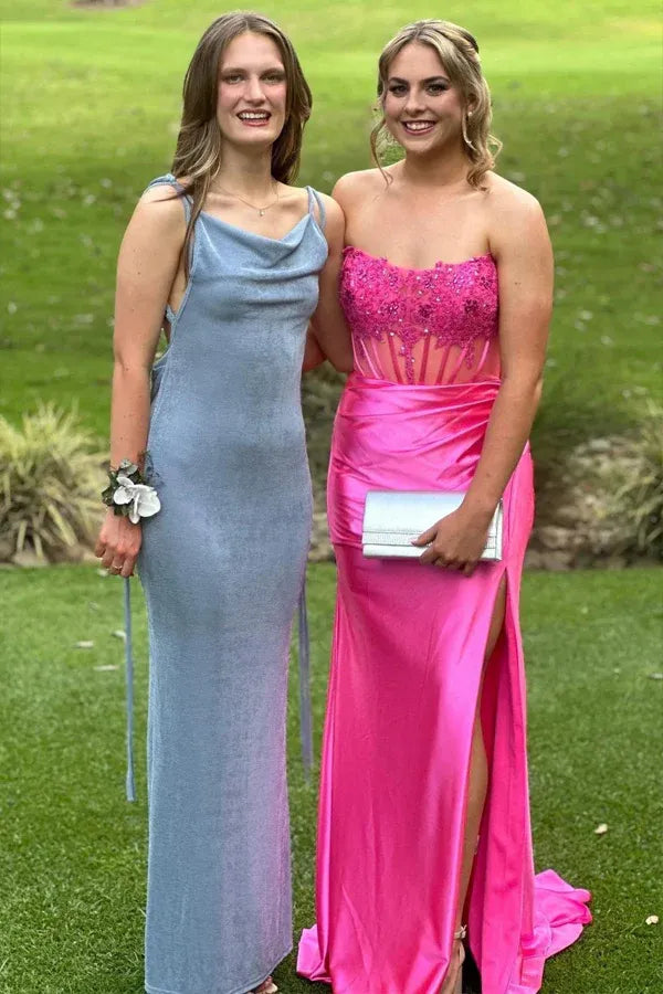 Fitted Strapless Appliques Slit Prom Gown