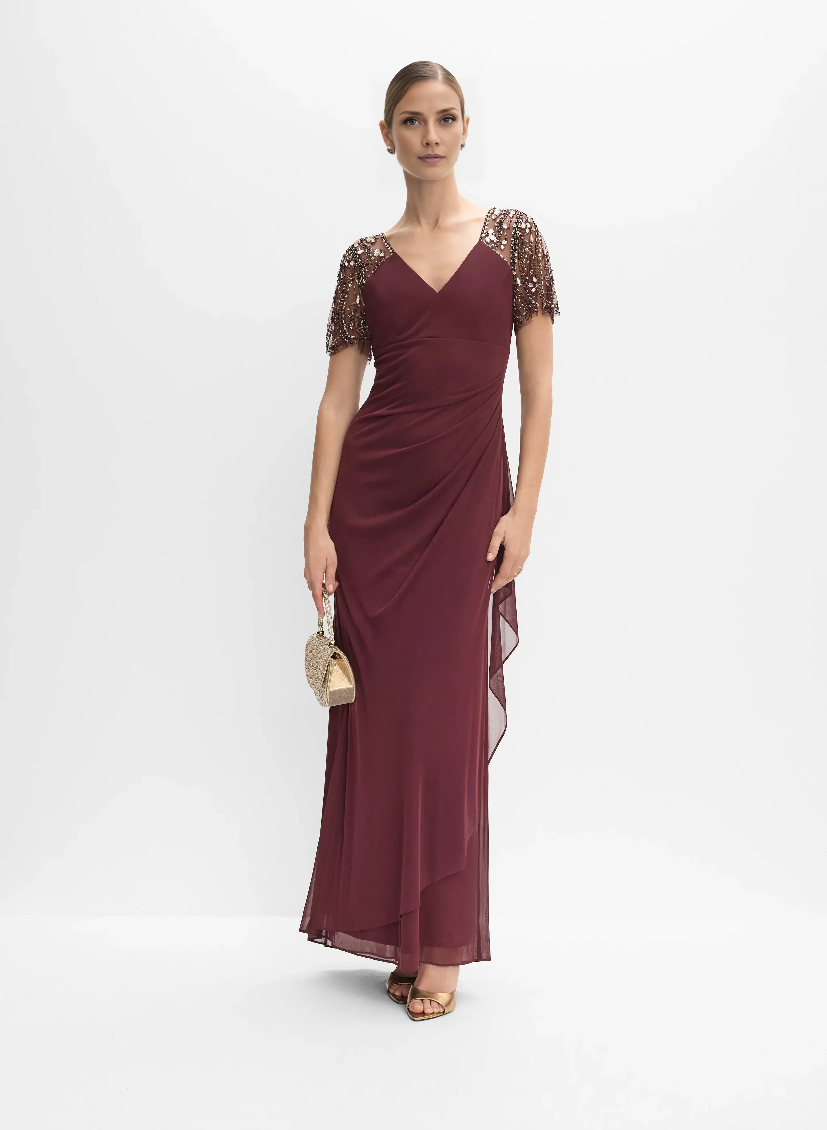 Fitted V-Neck Short Sleeve Zipper Up Floor-Length Prom Dress