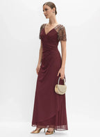 Fitted V-Neck Short Sleeve Zipper Up Floor-Length Prom Dress