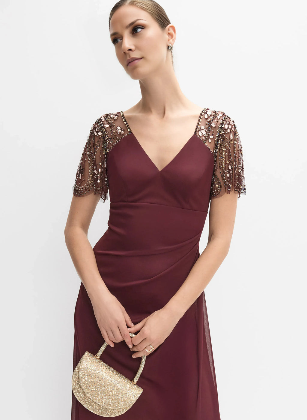 Fitted V-Neck Short Sleeve Zipper Up Floor-Length Prom Dress
