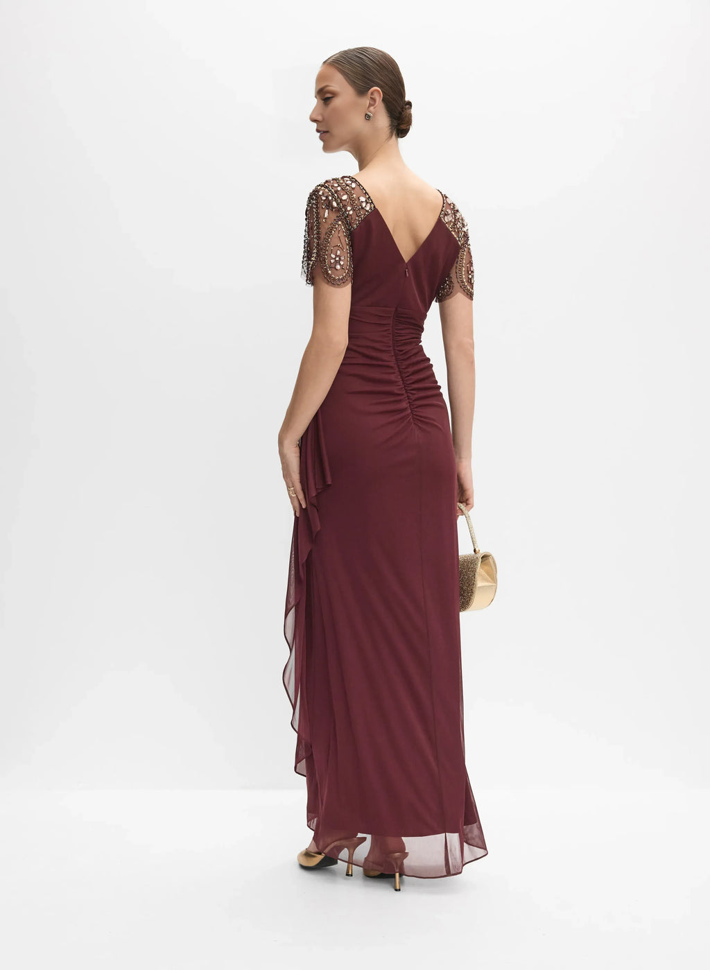 Fitted V-Neck Short Sleeve Zipper Up Floor-Length Prom Dress