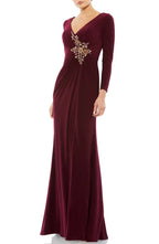 Fitted V Neck Long Sleeve Zipper Up Floor-Length Prom Dress