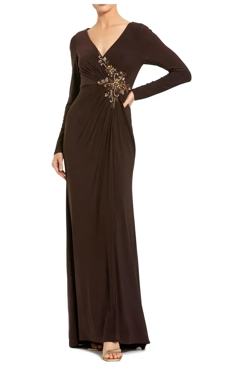 Fitted V Neck Long Sleeve Zipper Up Floor-Length Prom Dress