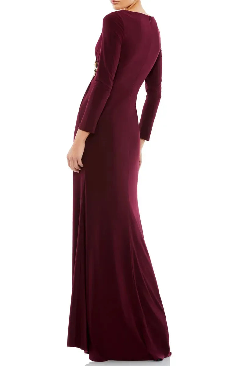 Fitted V Neck Long Sleeve Zipper Up Floor-Length Prom Dress