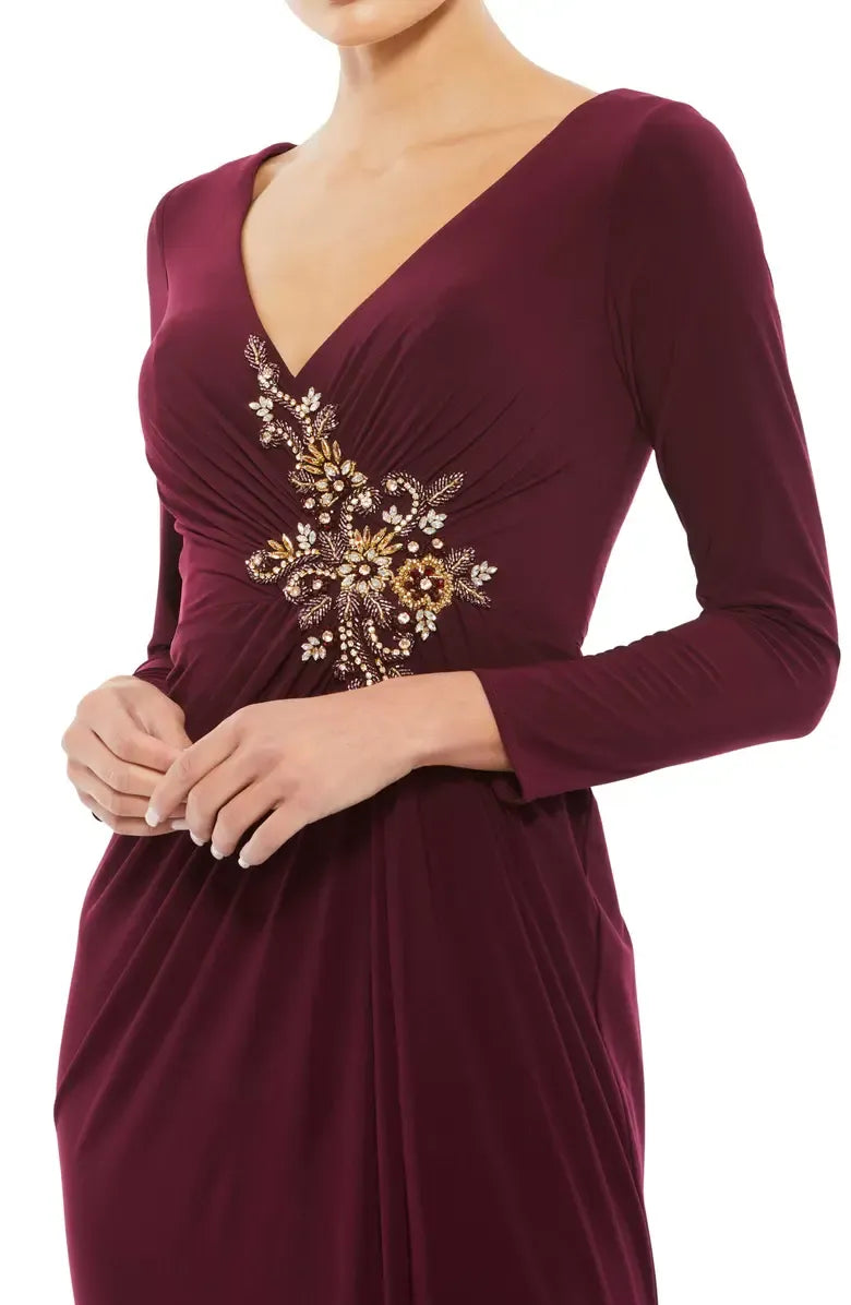 Fitted V Neck Long Sleeve Zipper Up Floor-Length Prom Dress