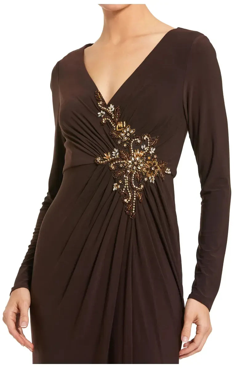 Fitted V Neck Long Sleeve Zipper Up Floor-Length Prom Dress