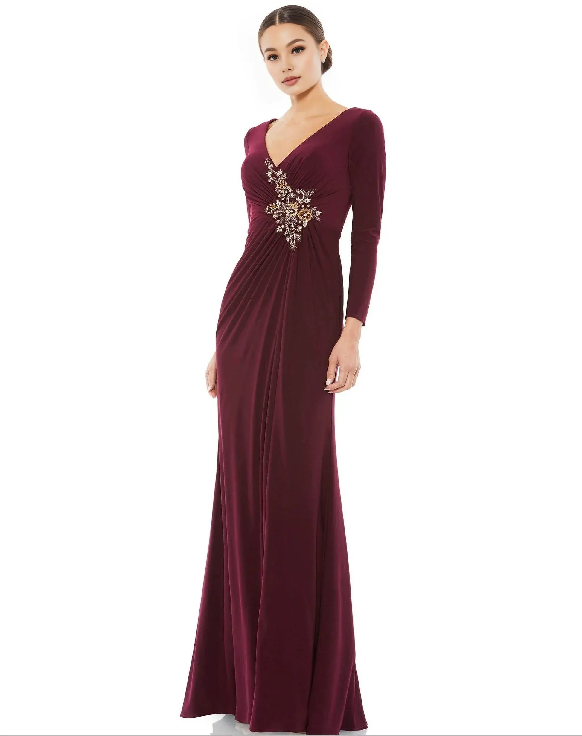 Fitted V Neck Long Sleeve Zipper Up Floor-Length Prom Dress