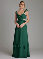 Elegant Flowy A-Line V-Neck Ruffled Strap Cutout Lace-Up Back Tiered Floor-Length Bridesmaid Dress