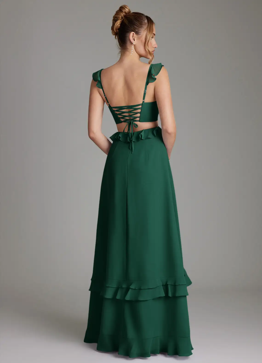 Elegant Flowy A-Line V-Neck Ruffled Strap Cutout Lace-Up Back Tiered Floor-Length Bridesmaid Dress