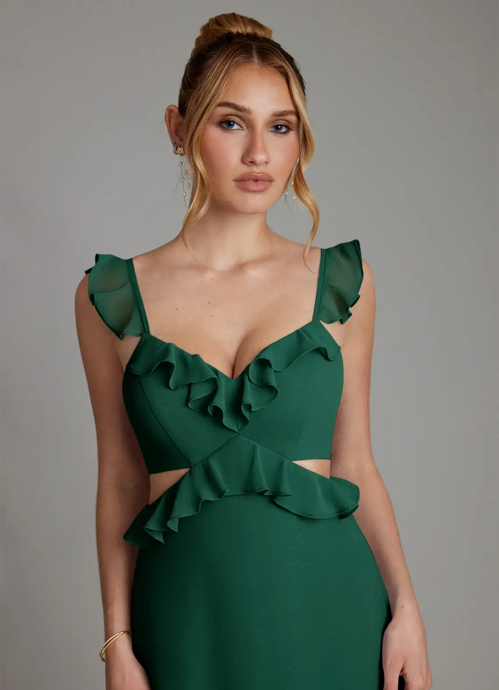 Elegant Flowy A-Line V-Neck Ruffled Strap Cutout Lace-Up Back Tiered Floor-Length Bridesmaid Dress