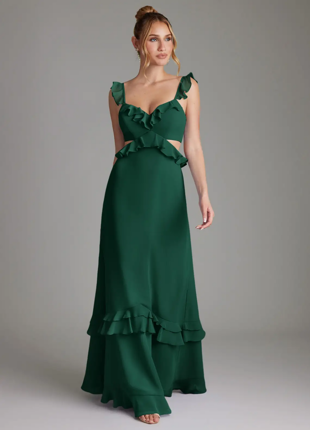 Elegant Flowy A-Line V-Neck Ruffled Strap Cutout Lace-Up Back Tiered Floor-Length Bridesmaid Dress