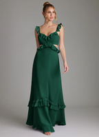 Elegant Flowy A-Line V-Neck Ruffled Strap Cutout Lace-Up Back Tiered Floor-Length Bridesmaid Dress