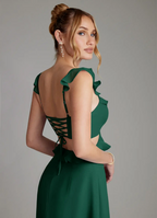 Elegant Flowy A-Line V-Neck Ruffled Strap Cutout Lace-Up Back Tiered Floor-Length Bridesmaid Dress