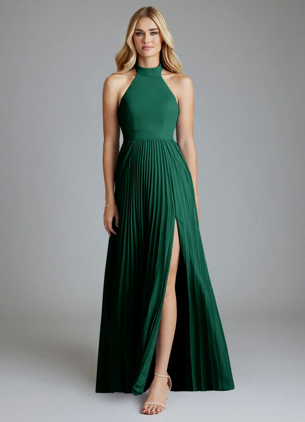 Elegant Flowy Halter Neck Sleeveless Pleated Open Back Side Slit Floor-Length Bridesmaid Dress