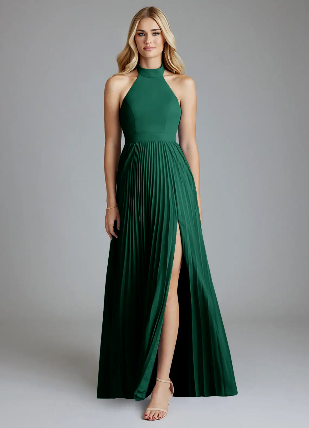 Elegant Flowy Halter Neck Sleeveless Pleated Open Back Side Slit Floor-Length Bridesmaid Dress
