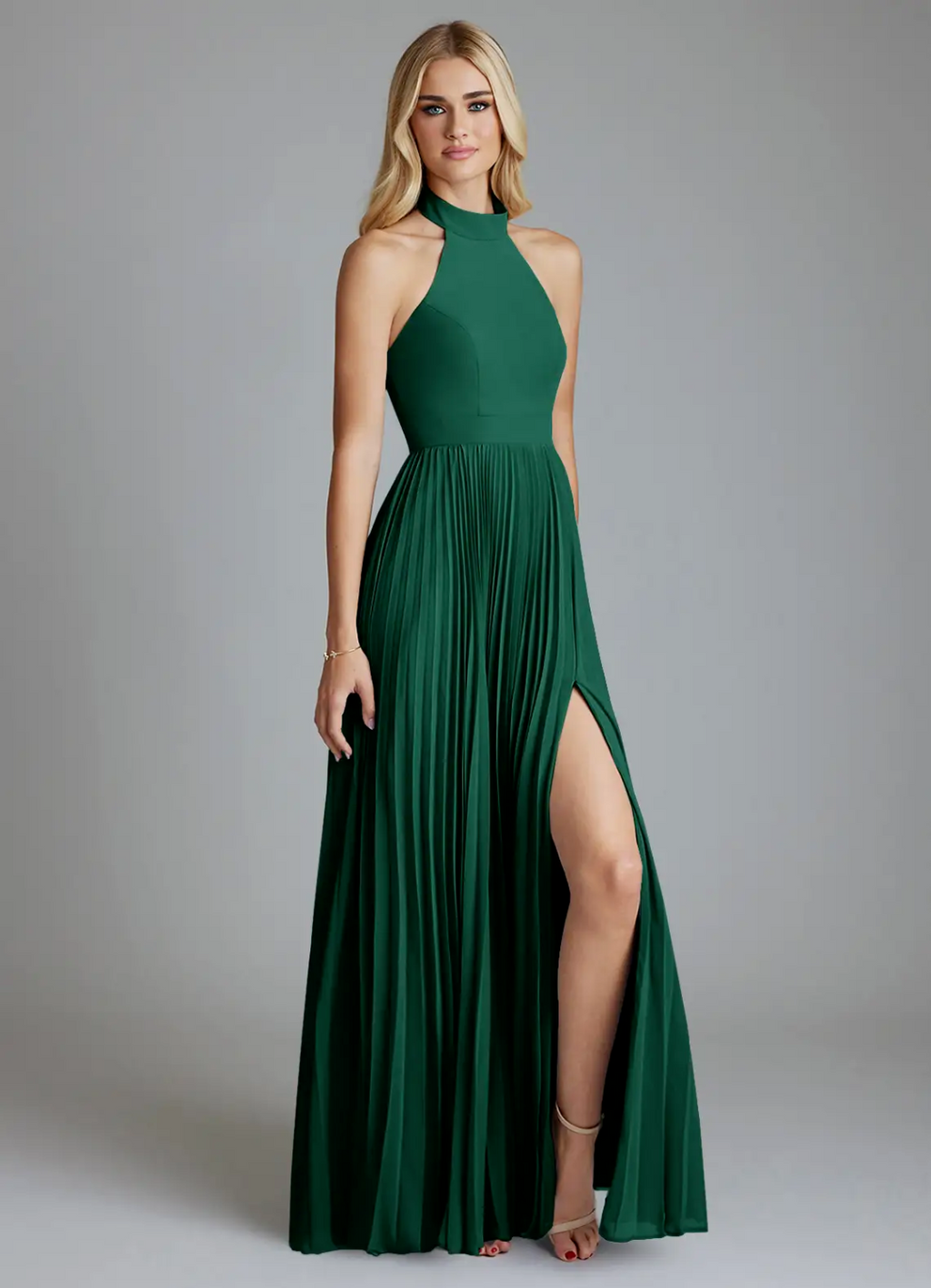Elegant Flowy Halter Neck Sleeveless Pleated Open Back Side Slit Floor-Length Bridesmaid Dress