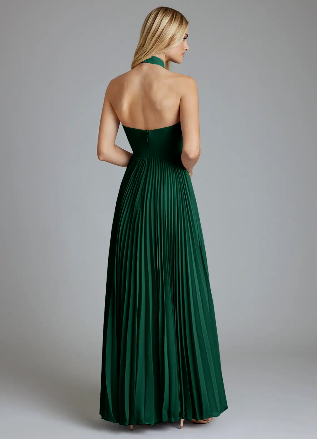 Elegant Flowy Halter Neck Sleeveless Pleated Open Back Side Slit Floor-Length Bridesmaid Dress