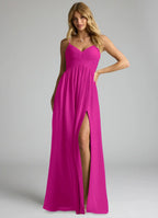 Elegant Flowy V-Neck Spaghetti Strap Open Back Floor-Length Chiffon Bridesmaid Dress with High Slit