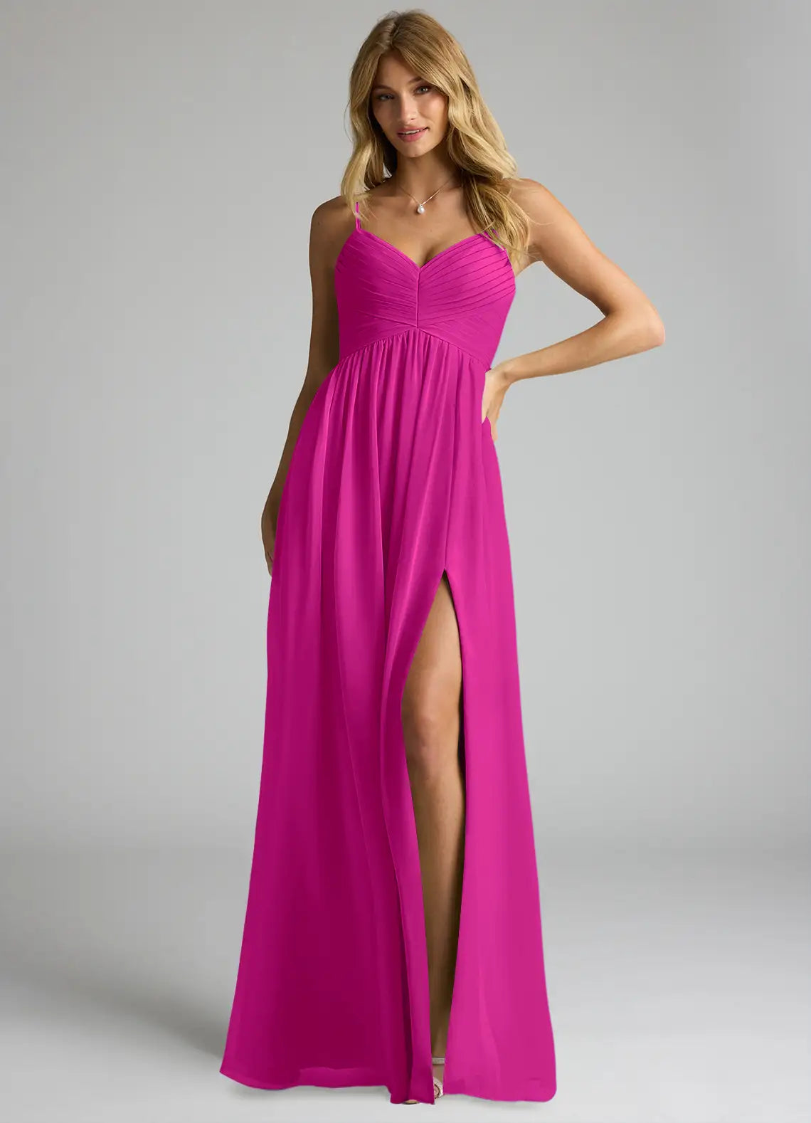 Elegant Flowy V-Neck Spaghetti Strap Open Back Floor-Length Chiffon Bridesmaid Dress with High Slit