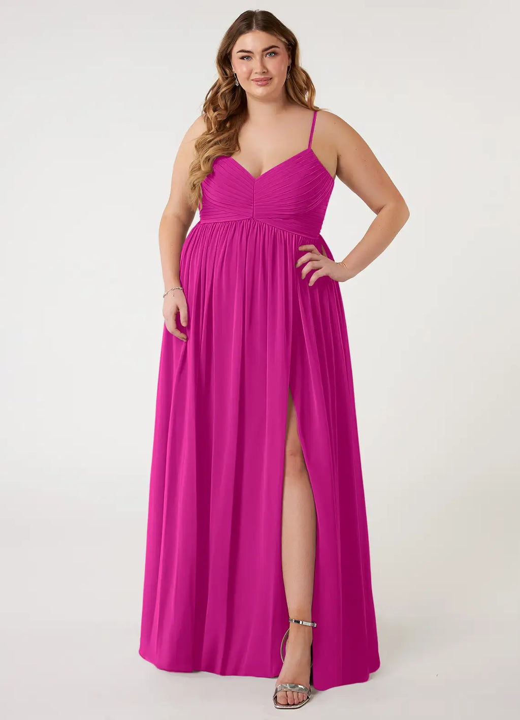 Elegant Flowy V-Neck Spaghetti Strap Open Back Floor-Length Chiffon Bridesmaid Dress with High Slit