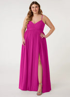 Elegant Flowy V-Neck Spaghetti Strap Open Back Floor-Length Chiffon Bridesmaid Dress with High Slit