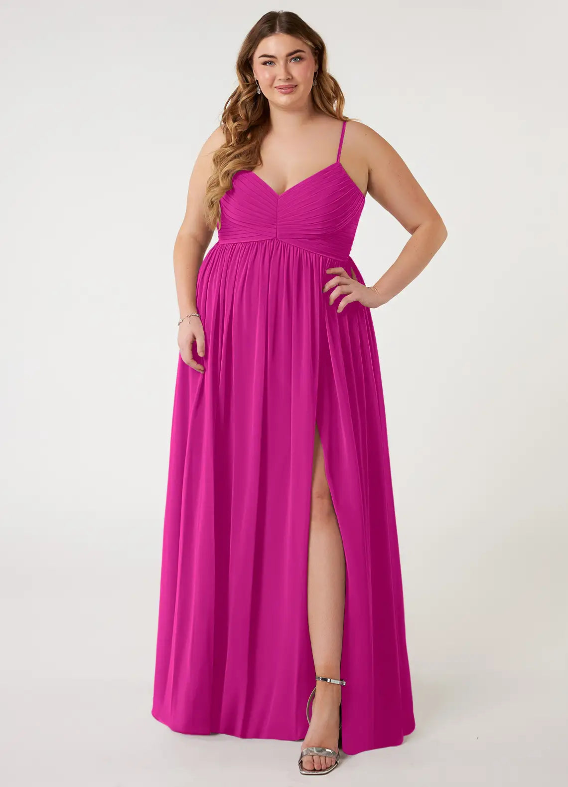 Elegant Flowy V-Neck Spaghetti Strap Open Back Floor-Length Chiffon Bridesmaid Dress with High Slit