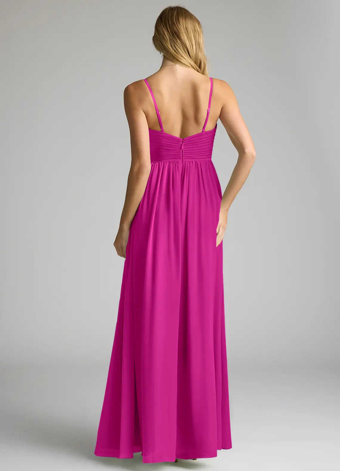 Elegant Flowy V-Neck Spaghetti Strap Open Back Floor-Length Chiffon Bridesmaid Dress with High Slit