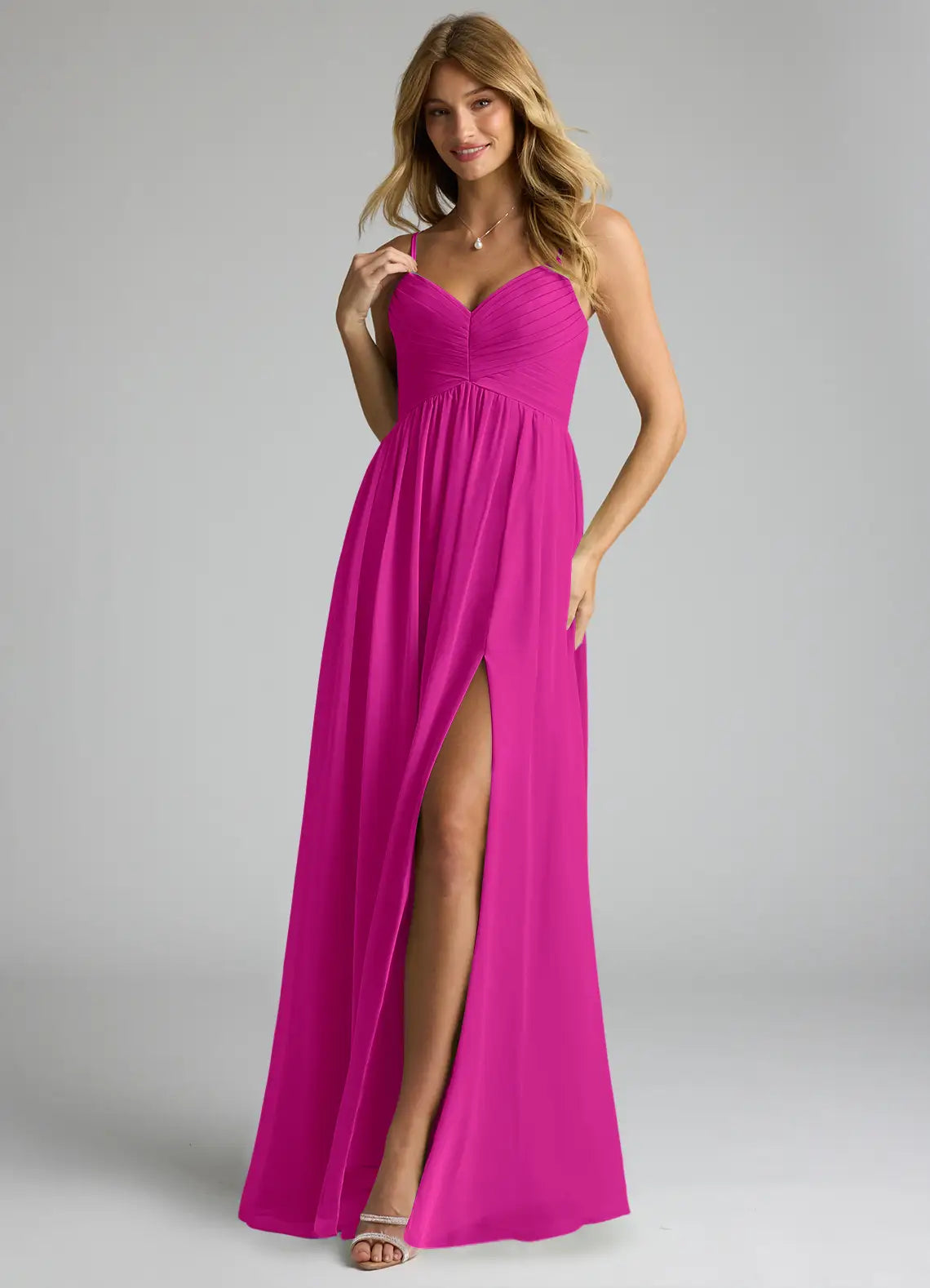Elegant Flowy V-Neck Spaghetti Strap Open Back Floor-Length Chiffon Bridesmaid Dress with High Slit
