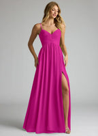 Elegant Flowy V-Neck Spaghetti Strap Open Back Floor-Length Chiffon Bridesmaid Dress with High Slit