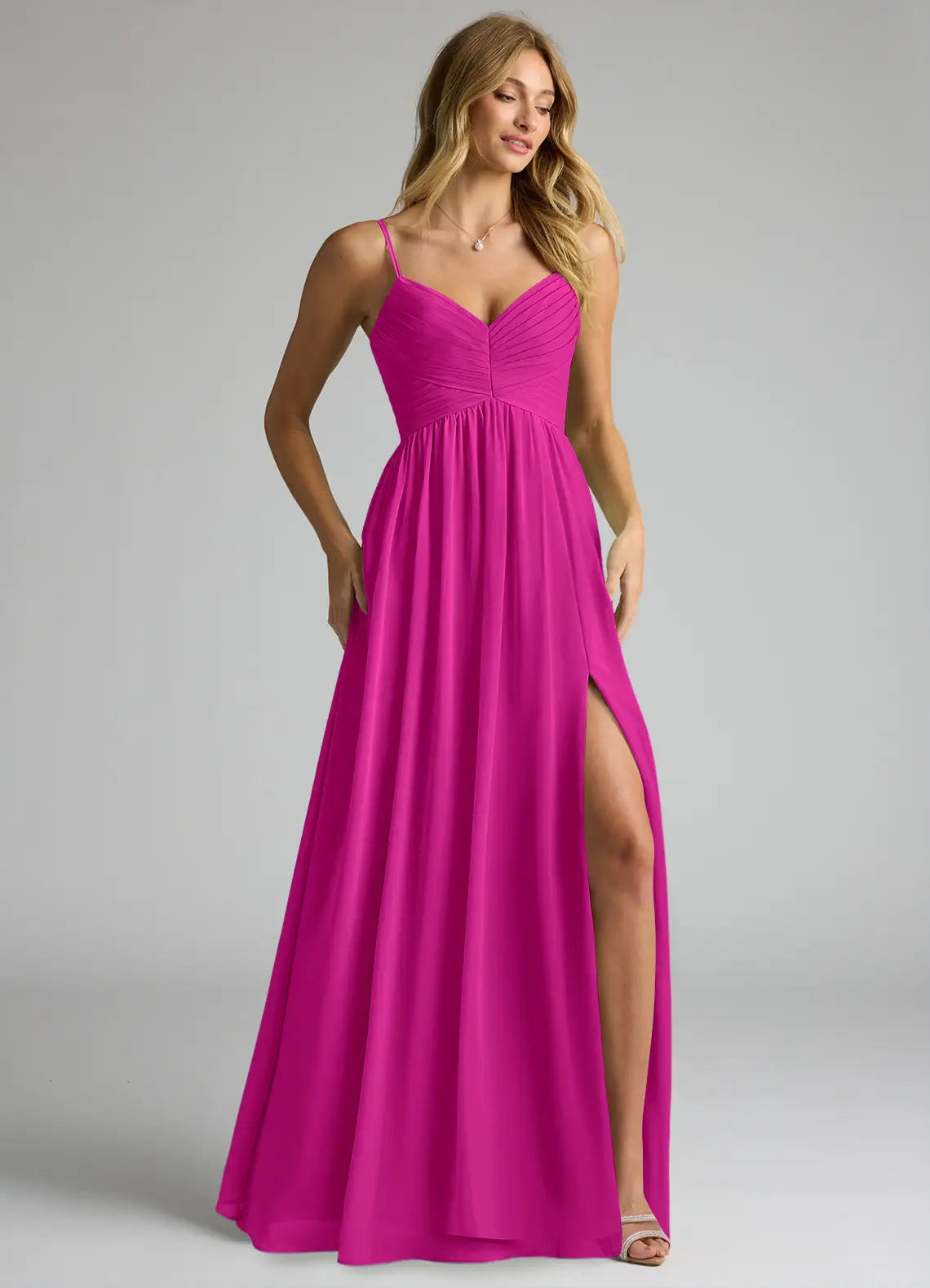 Elegant Flowy V-Neck Spaghetti Strap Open Back Floor-Length Chiffon Bridesmaid Dress with High Slit