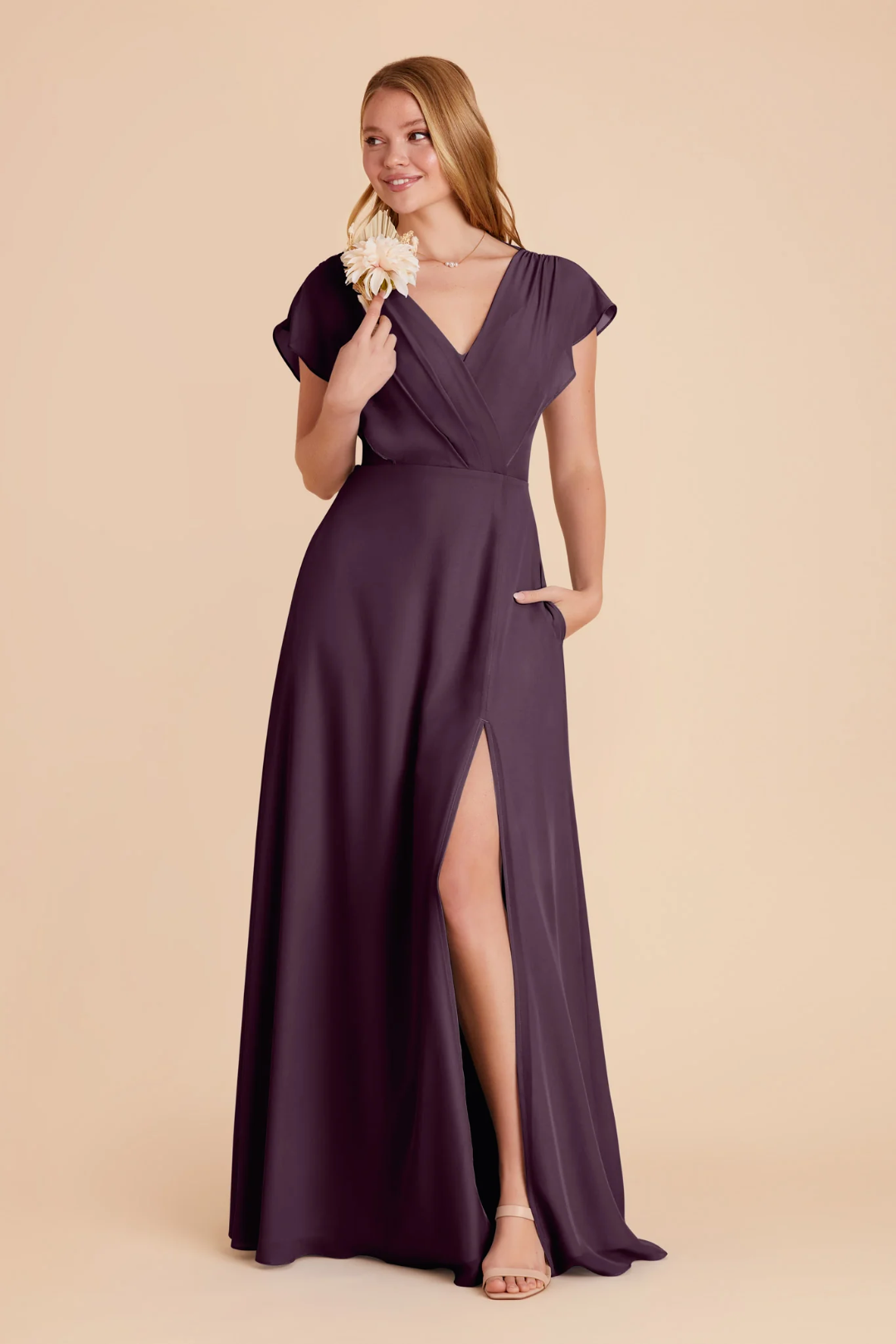 Elegant Flutter Sleeve Deep V-Neck Open Back High Slit Side Pocket Floor-Length Bridesmaid Dress
