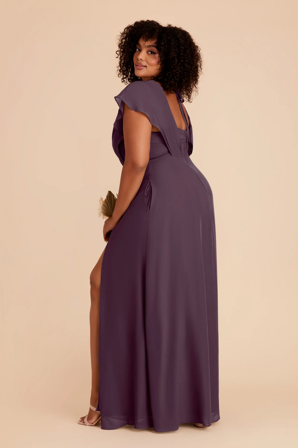 Elegant Flutter Sleeve Deep V-Neck Open Back High Slit Side Pocket Floor-Length Bridesmaid Dress