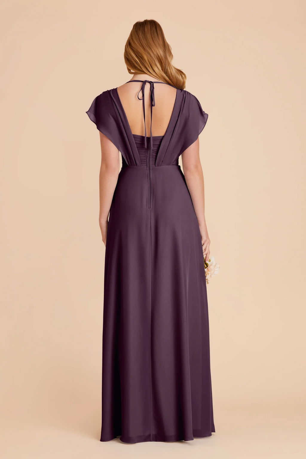 Elegant Flutter Sleeve Deep V-Neck Open Back High Slit Side Pocket Floor-Length Bridesmaid Dress
