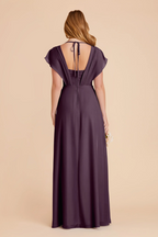 Elegant Flutter Sleeve Deep V-Neck Open Back High Slit Side Pocket Floor-Length Bridesmaid Dress