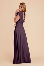 Elegant Flutter Sleeve Deep V-Neck Open Back High Slit Side Pocket Floor-Length Bridesmaid Dress