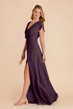 Elegant Flutter Sleeve Deep V-Neck Open Back High Slit Side Pocket Floor-Length Bridesmaid Dress