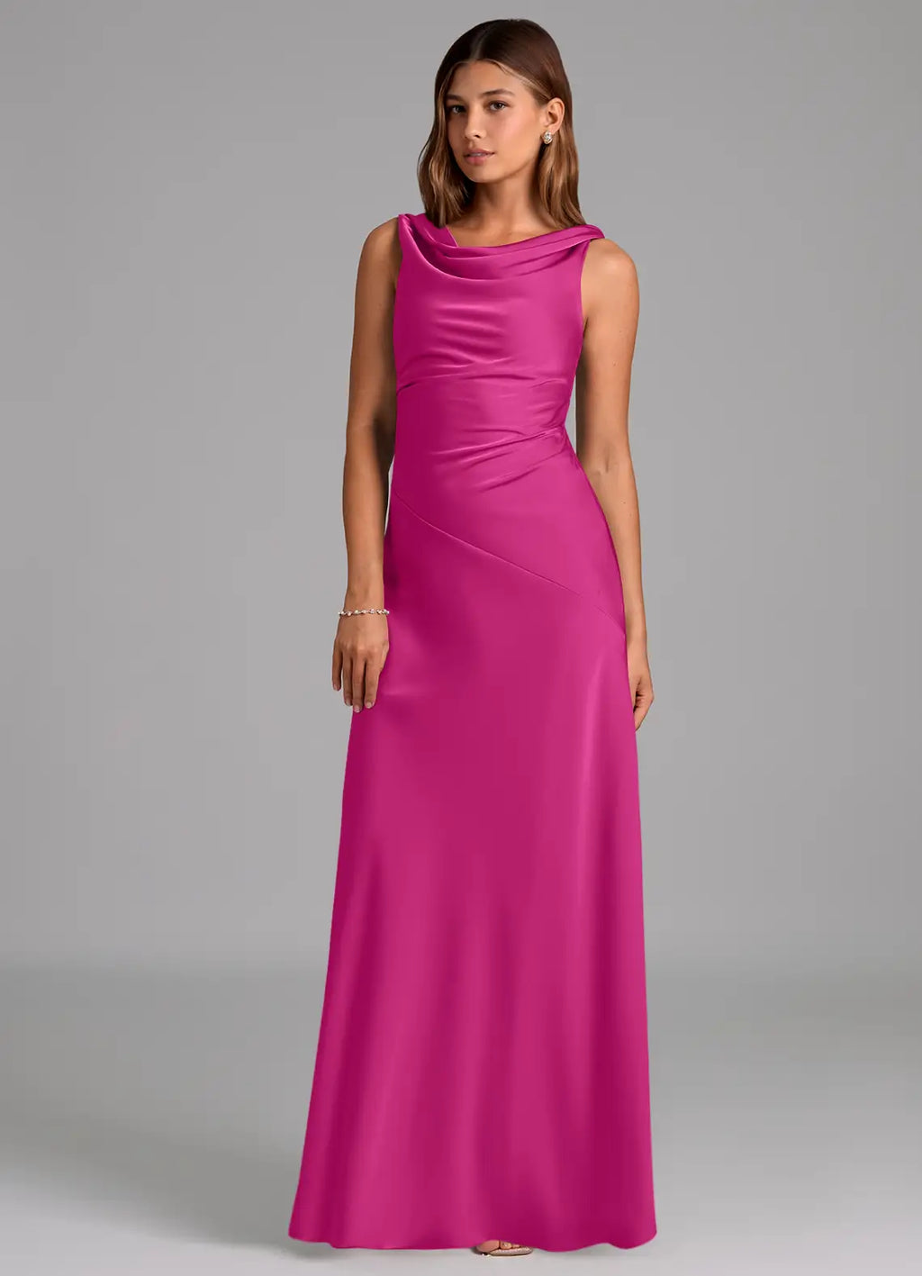 Elegant Form-Fitting Cowl Neck Sleeveless V-Back Floor-Length Satin Bridesmaid Dress for Wedding Events
