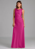 Elegant Form-Fitting Cowl Neck Sleeveless V-Back Floor-Length Satin Bridesmaid Dress for Wedding Events